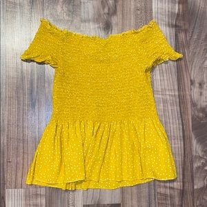 Yellow Off the Shoulder Peplum Top w/ White Dots